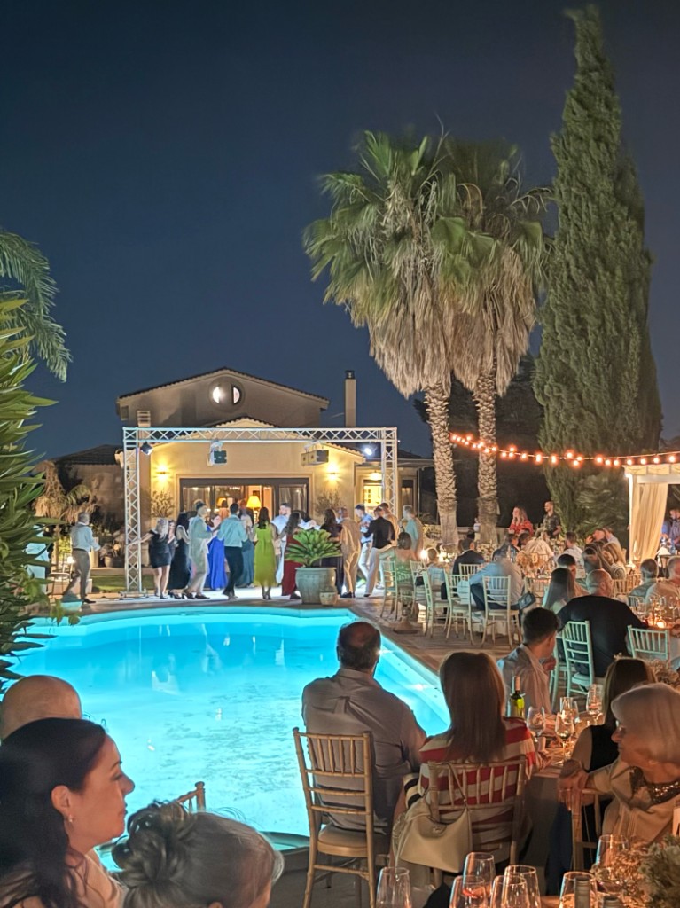 Evening event lighting at Villa Vravrona Tower